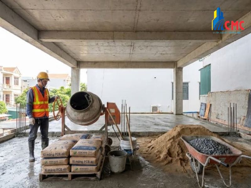 Tỷ lệ trộn bê tông tay đong bằng thùng sơn 18L giúp đội thầu kiểm soát chính xác lượng cát đá chuẩn mác thiết kế