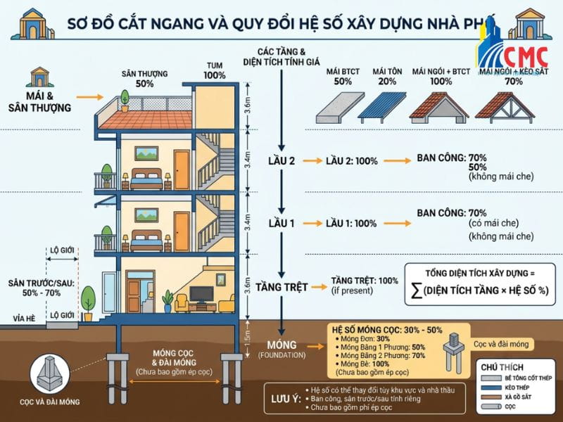 Sơ đồ công thức tính diện tích xây dựng quy đổi theo tiêu chuẩn kỹ thuật