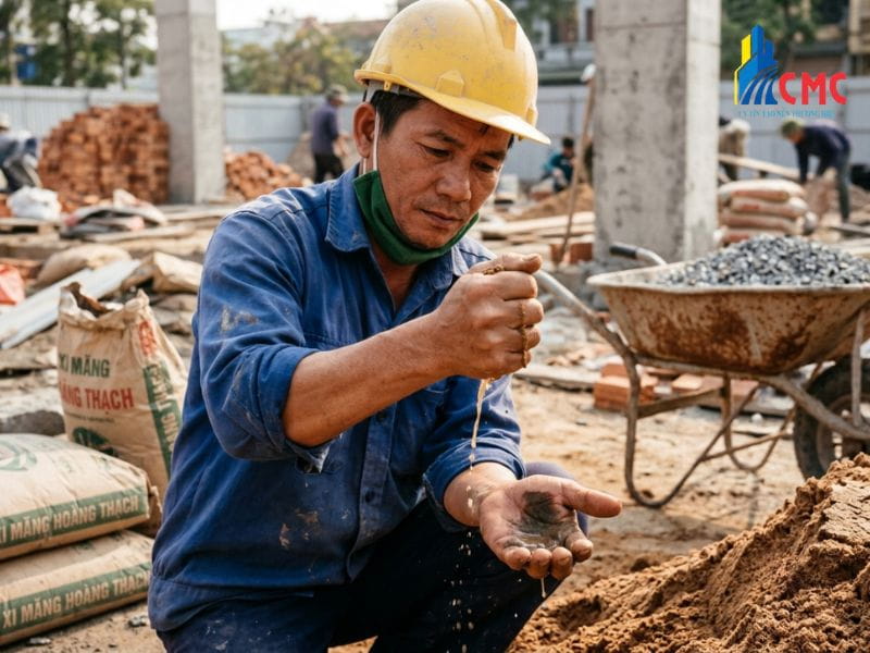 Thợ xây thực hiện phương pháp vốc nắm cát để đánh giá độ sạch và lượng bùn bám dính trên lòng bàn tay