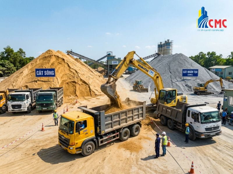 Bãi tập kết cát bê tông đạt chuẩn tại VLXD CMC luôn sẵn sàng phục vụ cho các công trình trọng điểm