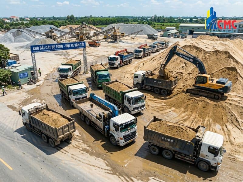 Hệ thống xe vận tải hùng hậu của CMC đảm bảo giao cát bê tông đúng tiến độ, đúng khối lượng cho mọi công trình