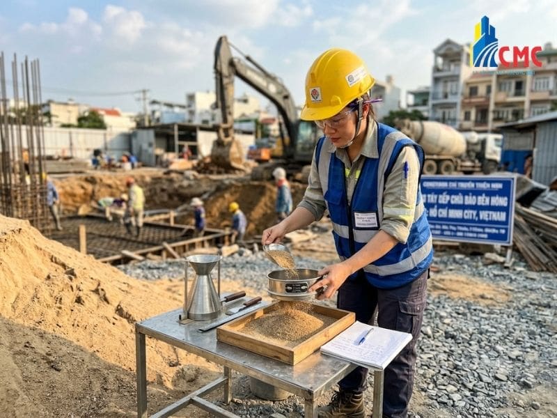 Kiểm định chất lượng cát xây dựng trực tiếp tại chân công trình giúp đảm bảo tiêu chuẩn cát xây dựng đúng kỹ thuật